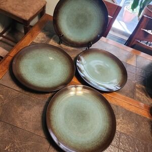 Over And Back R.S.V.P.  11.5" Stoneware Salad Plates Green  Brown Embossed Rings